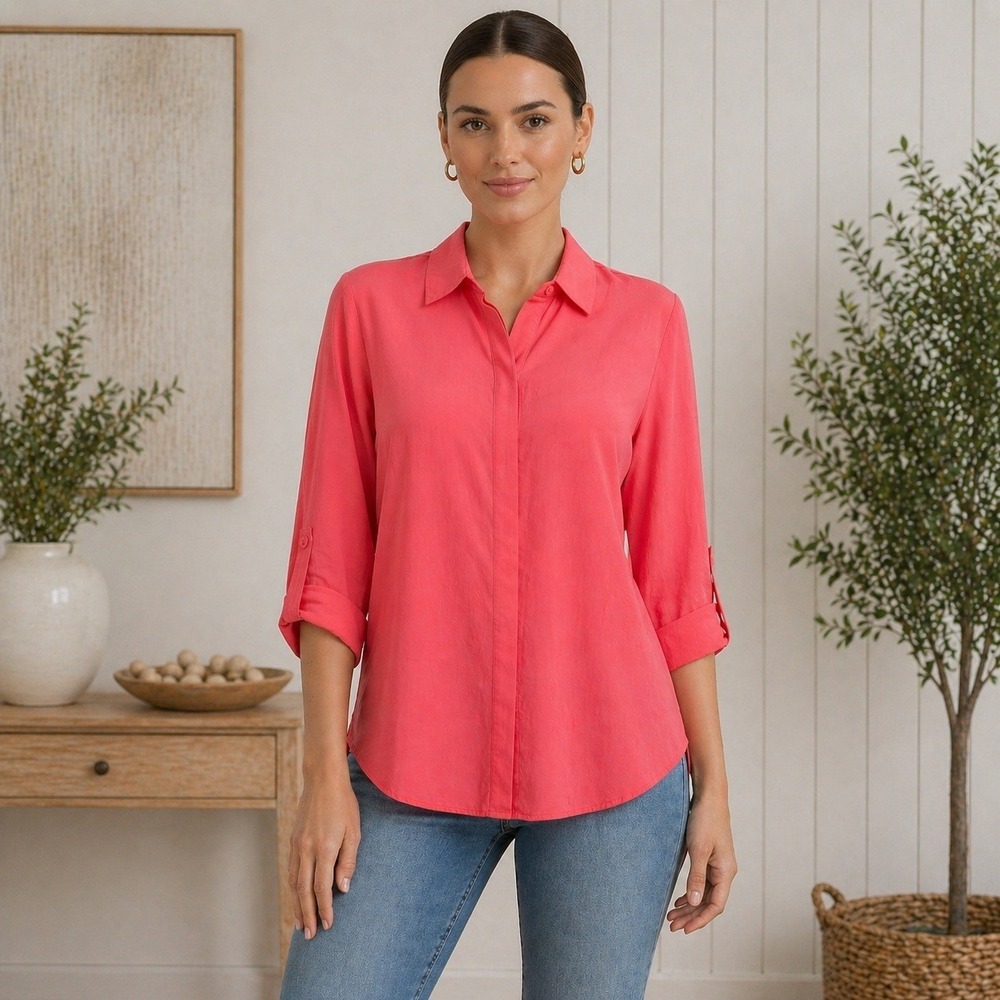 DKNY Silk Blend Coral Pink Roll Tab Sleeve Button Down Tunic Shirt Small